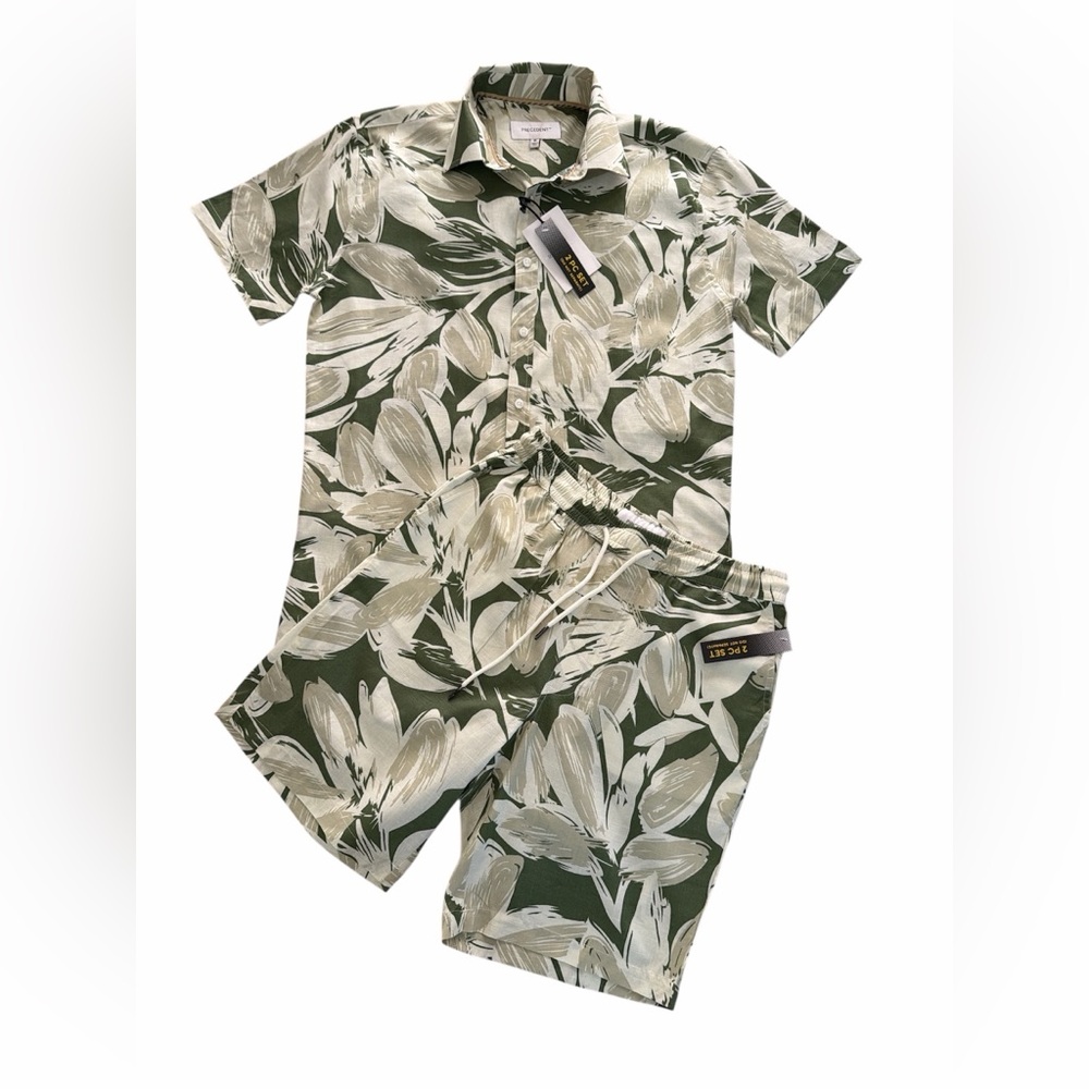 NWT - Men Green and White Leaf Print Shirt and Shorts Set